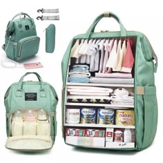 an open green backpack with baby items in it and the bottom compartment filled with diapers