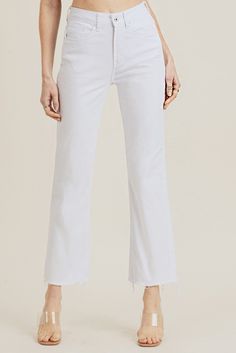 These trendy white jeans have become my All Time Favorite to wear this season! Every girl loves straight leg denim that fits perfectly in all the right places! HIGH RISE RAW HEM STRAIGHT LEG JEANS - Rise 13.5" | Inseam 29"  Fabric: 98% Cotton, 2% Spandex Color: White Ashley wears a 7 Raw Hem Straight Leg Jeans, Jeans White, Straight Leg Denim, High Jeans, Cropped Jeans, Denim Wash, Quality Clothing, Wide Leg Jeans, Straight Jeans