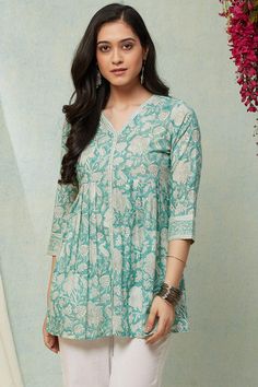 Buy Online Turquoise Block Printed Cotton Kurti | Turquoise Kurti for Women at Faridagupta.com. Worldwide Shipping * Secure Payment Options * Fast Delivery. Jaipuri Print Short Tops, Jaipuri Outfits, Short Kurtis For Jeans Cotton, Simple Dress For Girl, Farida Gupta, Striped Off Shoulder Top