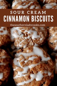 a batch of cinnamon biscuits with white icing on top and the words sour cream cinnamon biscuits