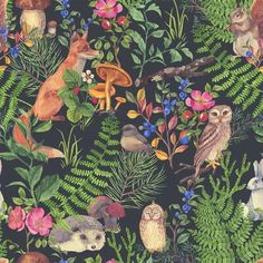 seamless pattern with forest animals and plants on a dark blue background wallpaper mural