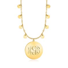 Ross-Simons - Single-Initial - Italian 14kt Yellow Gold Disc Station Necklace. 18". Spruce up your layered look with this pretty necklace direct from Italy! Features glittery 14kt yellow gold disc stations dangling from a cable chain and finishes with one larger brightly polished disc at the center, which can be personalized with an engraving of an initial in your choice of block or script type. Includes a 2" extender. Springring clasp, 14kt yellow gold personalized disc station necklace. 14k Yellow Gold Coin Necklace With Adjustable Chain, Engraved Yellow Gold Dangle Jewelry, Yellow Gold Dangle Necklace For Anniversary, Yellow Gold Round Disc Necklace With Engraving Option, Elegant Engraved Dangle Necklaces, Elegant Engraved Dangle Necklace, 14k Gold Dangle Necklace In Gold-tone, Personalized Yellow Gold Dangle Necklaces, Elegant Personalized Yellow Gold Medallion Necklace