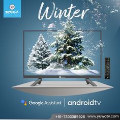 an advertisement for the google assistant andrioid tv shows a winter scene with snow covered trees