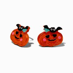 Claire's Friendly Pumpkin & Bat Stud Earrings Fun Orange Earrings For Halloween, Fun Orange Halloween Earrings, Cute Halloween Party Jewelry, Cute Halloween Earrings For Pierced Ears, Cute Orange Earrings For Halloween, Cute Orange Halloween Earrings, Playful Orange Party Jewelry, Playful Halloween Earrings For Gift, Playful Halloween Earrings For Gifts