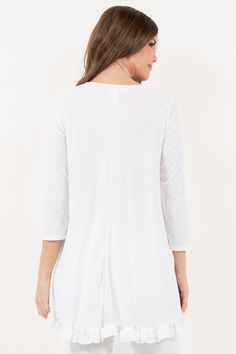 Exclusive to DPB Solid longer hi lo tunic style top with 3/4 sleeves and ruffle hem. Made in USA! Colors: Black, Off-White, Baby Pink Sizes: S-M-L Fabric is stretchy and good quality Bust 36-38-40, Length 28 front 33 back on size Large95% Polyester, 5% Spandex, dry clean or hand wash cold, made in USA RF/B50827 White 3/4 Sleeve Tops For Layering, White Stretch Top With 3/4 Sleeve, Fall 3/4 Sleeve Rayon Tops, Fall Rayon Tops With 3/4 Sleeves, Rayon Tops With 3/4 Sleeves For Fall, Casual Rayon Tops With 3/4 Sleeves, Tunic Style Tops, Sweet Lady, Tunic Style