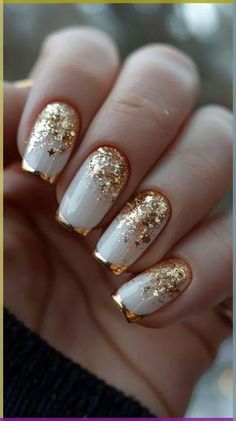 25+ Stunning New Years Eve Nail Art Ideas and Designs - HubPages Gold Design Nails Nailart, Nails For Guest At Wedding, Pretty Nails For Wedding Guest, Gel Polish Nail Designs Glitter, Fall Nails With Gold Glitter, Nail Designs With Gold Glitter, Gold Tip Nail Designs, Gold French Nails Design, Blue And Gold French Nails