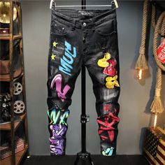 New 2021 Street Fashion Graffiti Jeans OUT0799 Graffiti Jeans, Jeans For Boys, Mid Waist Jeans, Comfortable Jeans, Slim Denim, Slim Fit Men, Black Skinnies, Trouser Pants