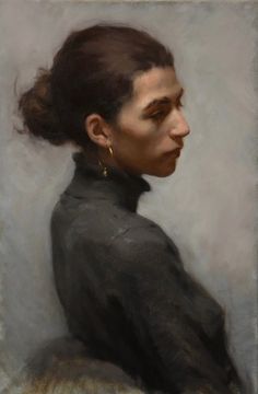 an oil painting of a woman with dark hair and black shirt, wearing gold earrings