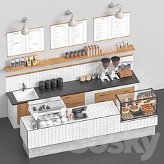 an image of a restaurant counter with menus on the wall and food preparation area