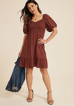 Sweetheart Bubble Short Sleeve Mini Dress | maurices Casual Puff Sleeve Dress For Fall, Casual Cotton Puff Sleeve Dress For Fall, Casual Solid Color Puff Sleeve Dress, Casual Flowy Knee-length Puff Sleeve Dress, Casual Cotton Puff Sleeve Ruched Dress, Casual Ruched Cotton Puff Sleeve Dress, Casual Cotton Puff Sleeve Dress With Ruched Details, Brown Solid Color Mini Dress, Casual Cotton Puff Sleeve Dress For Vacation