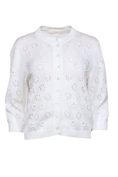 Wrap yourself in whimsical charm with our Valentino ivory flower eyelet cardigan. This button up cardigan features unique flower textured eyelet detailing, adding a touch of cottage-core aesthetic to your look. Stay cozy and stylish with this must-have addition to your wardrobe. Size M (based on measurements) 100% Cotton Unlined Button front Flower knit detail Bust 40" Waist 40" Shoulder to hem 21.5" Sleeve length 19" Classic Spring Cardigan With Pointelle Knit, Feminine Spring Cardigan With Pointelle Knit, Vintage Open Knit Cardigan For Spring, Cream Pointelle Knit Spring Cardigan, Spring Pointelle Knit Cardigan For Daywear, White Pointelle Knit Cardigan For Daywear, Spring Cream Sweater With Button Closure, Cream Cardigan With Buttons For Spring, Cream Button Closure Sweater For Spring