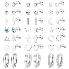 PRICES MAY VARY. 🌮【Silver Stud Earrings Pack】An order includes 21 pairs of silver stud earring, such as star, moon, lightning, disney, ring, flower, opal, ball, pearl, circle, cubic zircon, heart, butterfly, triangle, bar, cross, cat screw on earrings, thin, chunky, rhinestone huggie hoop stainless steel earrings. These sensitive earrings for women hypoallergenic can be used for daily, party, work, and more. They can perfectly showcase your elegance and beauty. 🥐【Suitable Size】Gauge: 20G (0.8m Earrings Studs Silver, Starter Earrings, Stainless Steel Earrings Studs, Second Hole Earrings, Heart Moon, Cartilage Earrings Stud, Piercing Earrings, Cartilage Earrings Hoop, Simple Stud Earrings