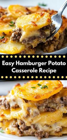 easy hamburger potato casserole recipe on a white plate with a fork in it