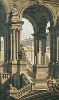 an old painting of people sitting on the steps in front of a building with columns