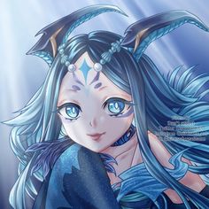 an anime character with blue eyes and horns on her head, under the water's surface