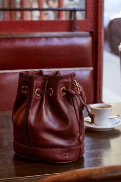 BEN bag Bordeaux | Rouje Small Bucket Bag, Small Buckets, Jeanne Damas, New Cut, Leather Bucket Bag, Cold Season, Effortless Chic, Burgundy Color, Vegetable Tanned Leather