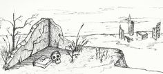 a black and white drawing of a landscape