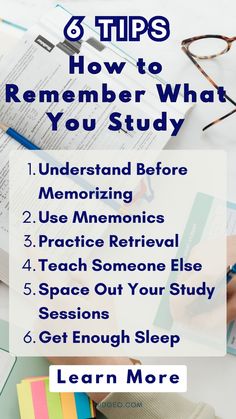 a person writing on a notebook with the title 8 tips how to remember what you study