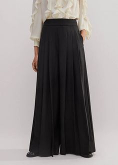 Pleated Ultra Wide-Leg Pant Black High Waist Pleated Formal Pants, Evening Wide Leg Bottoms With Pleated Waist, Wide Leg Bottoms With Pleated Waist For Evening, Elegant Wide Leg Pants With Accordion Pleats, Elegant High-waist Pleated Pants, Elegant High Waist Pleated Pants, Elegant Solid Wide Leg Pleated Pants, High-waist Pleated Formal Bottoms, High Waist Pleated Formal Bottoms