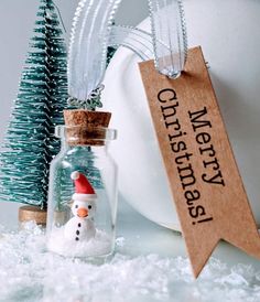 a bottle with a snowman inside and a wooden sign that says merry christmas