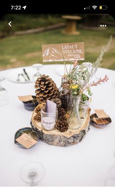 a table topped with pine cones and vases on top of a white table cloth