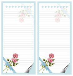 two lined paper with pink roses and blue ribbon on them, one is blank for writing