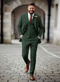 Dapper Wedding Suit, Green Vest Wedding Men, Grey And Green Suit Men, Khaki Green Suit, Green Grey Suit Wedding, Groom In Dark Green, Wedding Party Outfit Men, Forest Green Suits Wedding, Wedding Suits Tweed