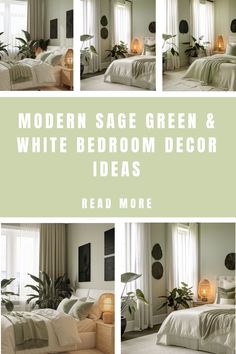 Modern sage green and white bedroom with plants and cozy lighting.