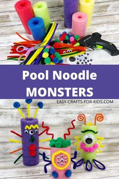 some crafts that are made out of toilet paper and plasticine with the words pool noodle monsters on them