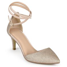 An exquisitely designed glittery pointed-toe d'Orsay pump topped with a silky smooth wraparound ankle strap for an alluring look. • Pointed-Toe • D'Orsay Pump • Satin Wraparound Ankle Strap • Buckle Closure • Padded Footbed • 2 3/4-in Pump Heel • Glitter Covered Man-Made Uppers Special Occasion Shoes, Mid Heels Pumps, Gold Pumps, Womens Pumps, Ankle Strap Pumps, Strap Pumps, Pointed Toe Shoes, Shoes Heels Pumps, Evening Shoes