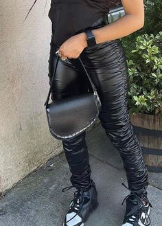 PU Leather Statement Ruched Pants ✔️ Has lots of stretch Tie String Bottom Ruched Look Modern Flare Bottom (Has no pockets) Leather Black Pants, Ruched Pants, Chic Type, Hipster Fashion, Tankini Swimsuits, Fashion Fabric, High Waisted Pants, Bottoms Pants, Lingerie Set