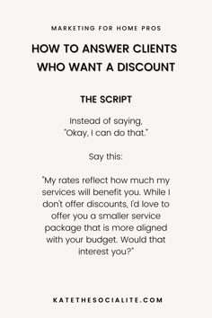 a white poster with the words how to answer client's who want a discount