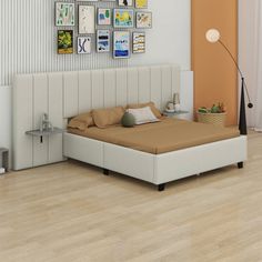 a bedroom with white walls and wood flooring is pictured in this artist's rendering