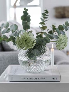 a glass vase filled with green plants on top of a white table next to a candle