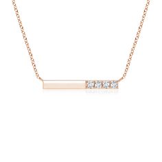 This bar necklace is crafted in 14k rose gold has a simple and minimal design. The high polish bar is horizontally suspended from the chain and adorned with prong-set brilliant round diamonds. Diamond Bar Necklace, Diamond Necklaces, Diamond Bar, Bar Necklace, Minimal Design, 18k Rose Gold, White Diamond, Diamond Pendant, Round Diamond