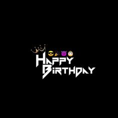 the happy birthday logo with three different colored faces on it's black back ground