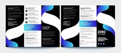 three fold brochure with blue and white shapes on the front, back and side