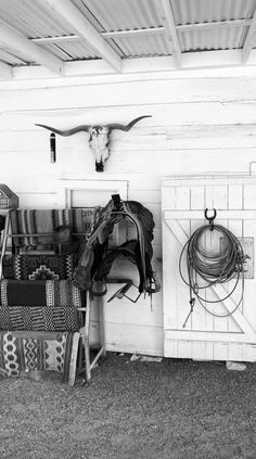 black and white photograph of an outdoor area with chairs, rugs and cow heads on the wall