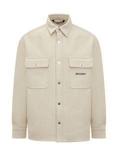 100% Virgin Wool | Palm Angels Men's Logo Embroidered Twill Overshirt in Butter Black | FW23/24 Angel Shirt, Beige Shirt, Angel Man, Pocket Logo, Man Logo, Urban Chic, Palm Angels, Engineered Garments, Luxury Retail