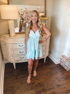 Light blue v-neck dress with animal print. Model wear a size small. Blue V, V Neck Dress, Graduation Dress, Neck Dress, Animal Print, Light Blue, V Neck, How To Wear, Blue