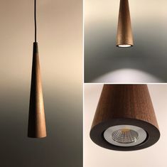 three different views of a light fixture with wood and metal details, including an object that looks like a cone