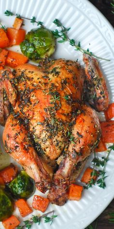 Roasted Cornish Hen with Sweet Potatoes and Brussels Sprouts on a white plate Whole Cornish Hen Recipe, Autumn Feast, French Cooking Recipes