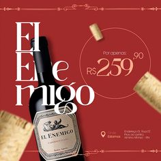 a bottle of wine and some corks on a red background with the words el enemco written in spanish