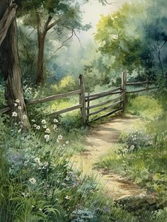 a painting of a path through a forest with trees and flowers on either side of the fence