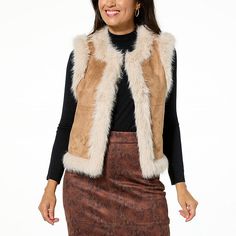 Jaclyn Smith Faux Suede Vest with Faux Fur Trim  Whether layered over your favorite sweater and jeans, or dressed up with a pencil skirt and boots for a night out on the town, this faux suede vest has you covered in luxury. Pencil Skirt And Boots, Sweater And Jeans, Skirt And Boots, Faux Suede Vest, Suede Vest, Jaclyn Smith, Favorite Sweater, A Pencil, Sweaters And Jeans