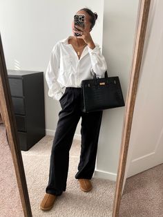 Trousers With Uggs, Ugg Tasman Slippers Outfit Women, Uggs And Trousers, White Button Up Winter Outfit, Ugg Tasman Work Outfit, Trousers And Button Up, White Button Down Fall Outfit, Ugg Outfits Aesthetic, Tasman Slippers