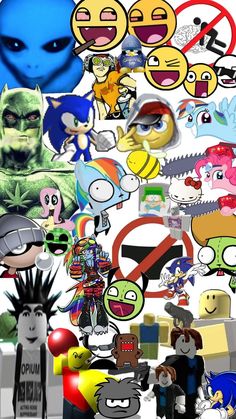 many different cartoon characters are grouped together