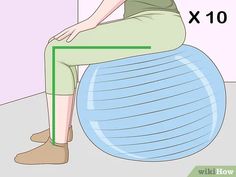 a woman sitting on an exercise ball with her legs bent over the ground and looking down