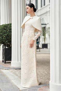 Rosaire Straight Long Sleeved Silk Lace Floor Length Ao Dai | MEAN BLVD Bridal Things, Gowns Elegant, Types Of Lace, Mean Blvd, Stylish Pants, 4 Dresses, Silk Lace, Fashionista Clothes, Special Occasion Outfits