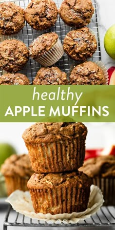 healthy apple muffins stacked on top of each other with apples in the background